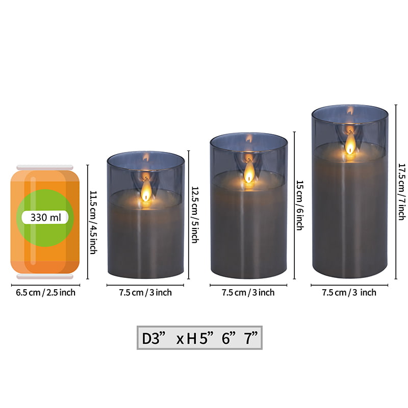 Confezione da 3 candele in vetro grigio senza fiamma con telecomando