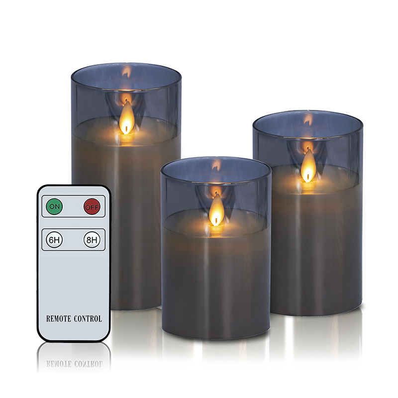 Confezione da 3 candele in vetro grigio senza fiamma con telecomando