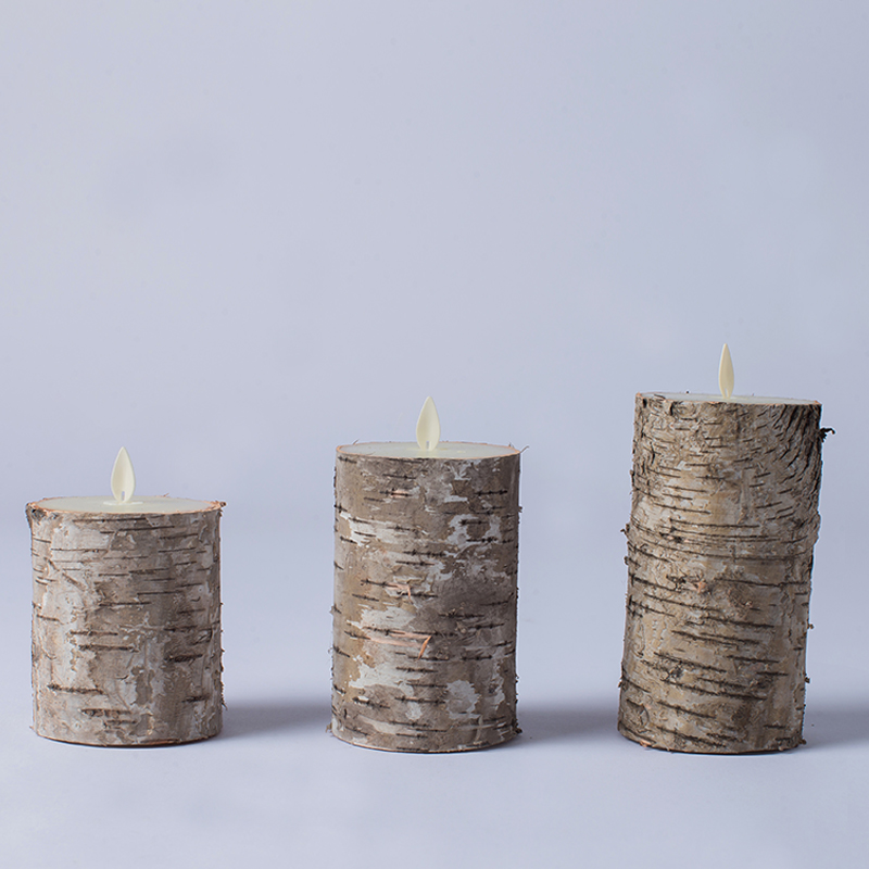 Set di 3 candele a colonna alimentate a batteria in corteccia di betulla